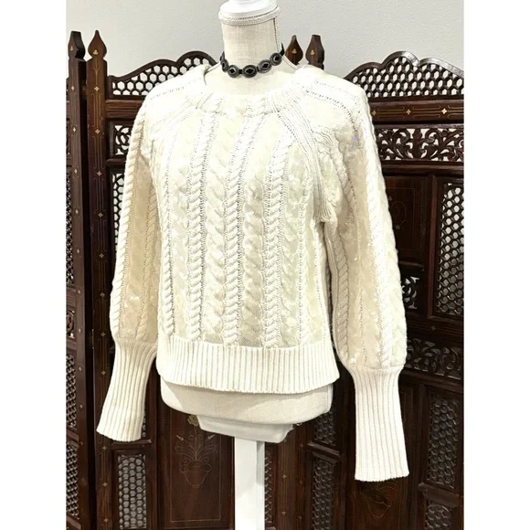 VERONICA BEARD CASHMERE WOOL CABLE KNIT SWEATER S YOLA SEQUIN BALLOON SLV $695